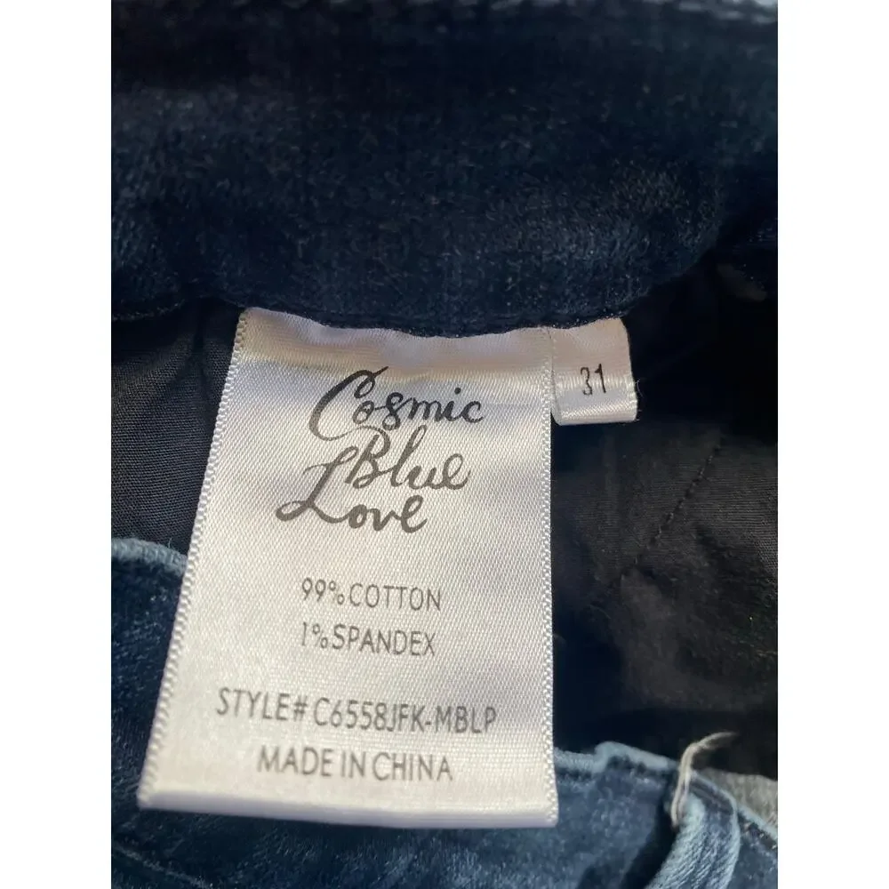 Cosmic Blue Love Women's Raw Hem Flare Jeans Dark Wash Size 31
